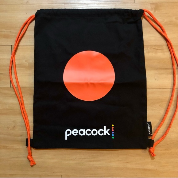 Peacock Branded Black and Orange Canvas Drawstring Tote Backpack - Picture 1 of 5